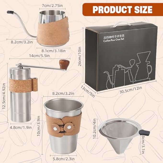 HASTHIP V60 Coffee Maker Gift Set 4Pcs V60 Dripper Brewing Kit With Stainless Steel Reusable Filter Gooseneck Kettle Manual Hand Grinder Travel Mug Portable Manual Coffee Maker For Camping - Image 3