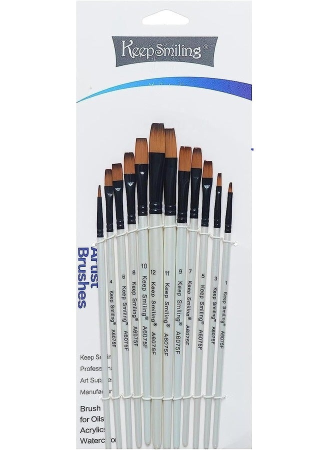 Keep Smiling Artist Paint Brush Set With Long Wooden Handles White 12-Piece A6075F - Image 1
