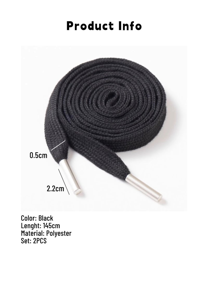 طقم بديل لرباط السترة (قطعتان) - أربطة سوداء مسطحة من البوليستر بطول 145 سم مع أطراف معدنية للسترات والبنطلونات الرياضية والسترات ذات القلنسوة - Image 2