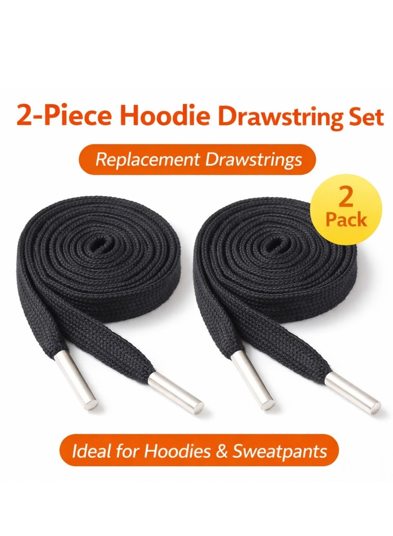 طقم بديل لرباط السترة (قطعتان) - أربطة سوداء مسطحة من البوليستر بطول 145 سم مع أطراف معدنية للسترات والبنطلونات الرياضية والسترات ذات القلنسوة - Image 1