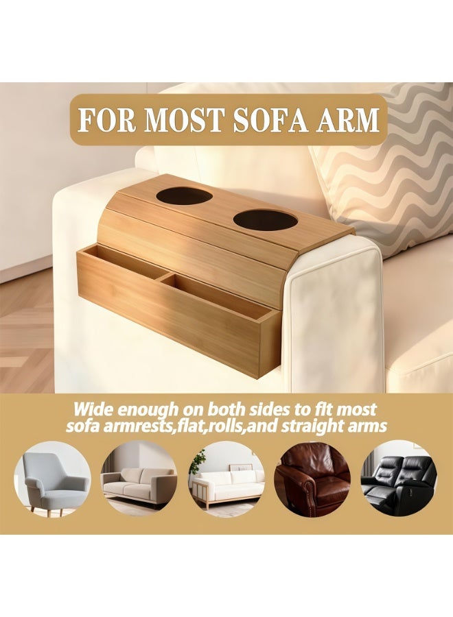 CHIYLE Sofa Armrest Tray – Wooden Foldable Couch Arm Table for Drinks, Snacks, Remote & Phone – Non-Slip Armrest Organizer (Original Color) - Image 2