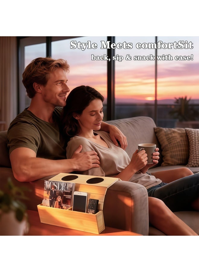 CHIYLE Sofa Armrest Tray – Wooden Foldable Couch Arm Table for Drinks, Snacks, Remote & Phone – Non-Slip Armrest Organizer (Original Color) - Image 3