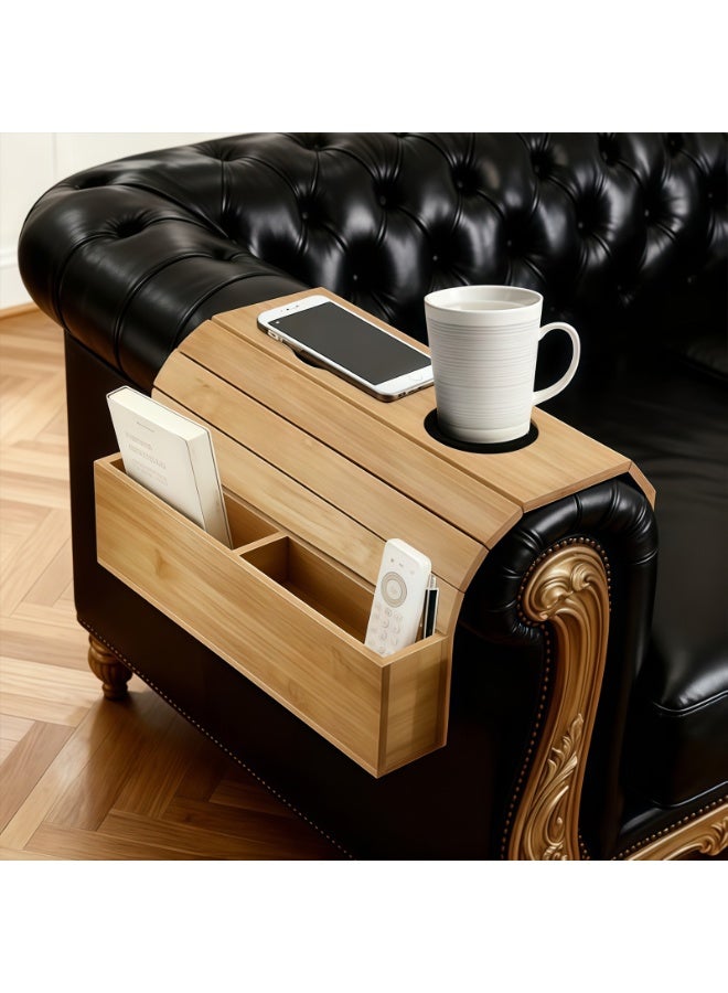CHIYLE Sofa Armrest Tray – Wooden Foldable Couch Arm Table for Drinks, Snacks, Remote & Phone – Non-Slip Armrest Organizer (Original Color) - Image 4