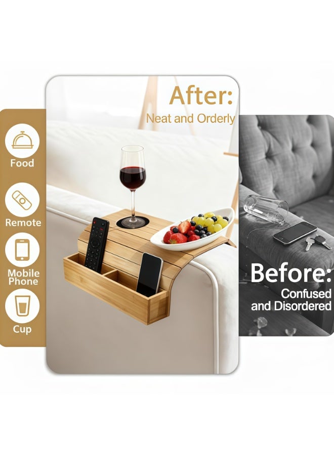 CHIYLE Sofa Armrest Tray – Wooden Foldable Couch Arm Table for Drinks, Snacks, Remote & Phone – Non-Slip Armrest Organizer (Original Color) - Image 5
