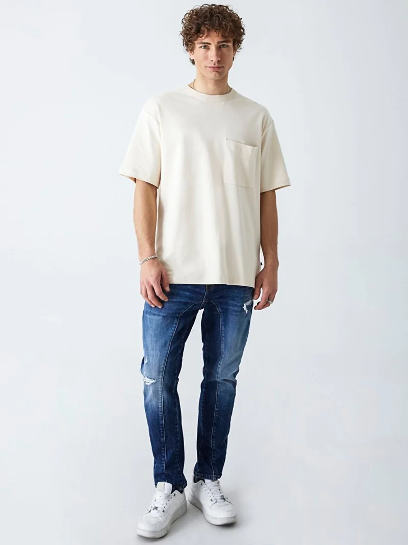 Men's Crew Neck Basic Short Sleeve Relaxed Beige T-shirt