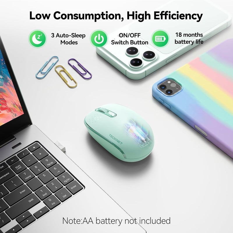 TECKNET Wireless Mouse, 2.4G Quiet Computer Mouse with USB Receiver, 4 Buttons Portable Cordless Mice for Chromebook, Laptop, PC, Mac, 800/1200/1600 DPI - Mint Green - Image 5
