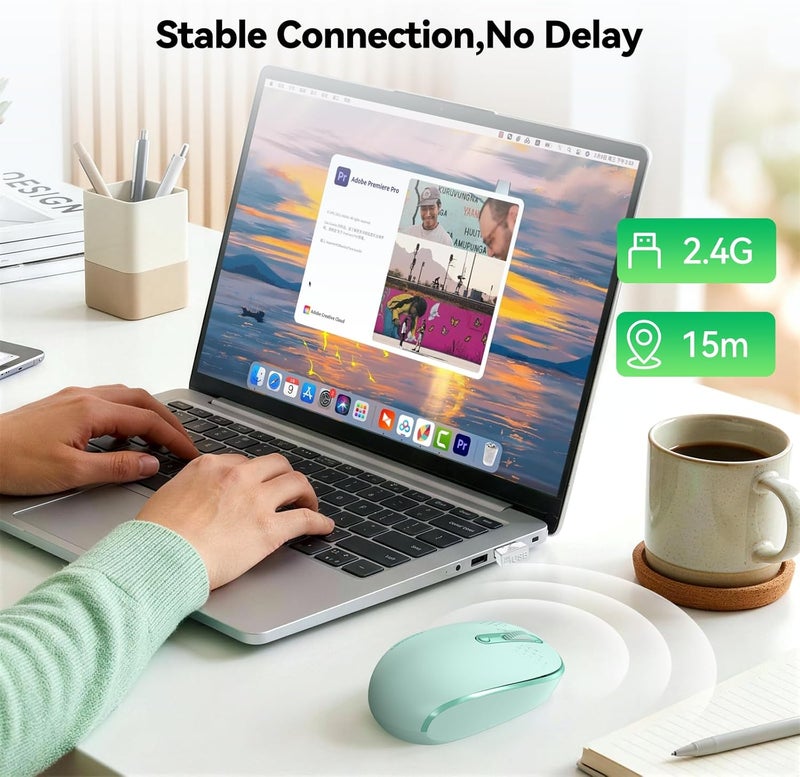 TECKNET Wireless Mouse, 2.4G Quiet Computer Mouse with USB Receiver, 4 Buttons Portable Cordless Mice for Chromebook, Laptop, PC, Mac, 800/1200/1600 DPI - Mint Green - Image 2