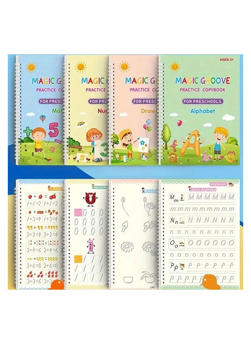 TEGRILO - Handwriting Copybook Magic Calligraphy Practice Book For Kids,Reusable Tracing Practice kit.Included Easy Grip Pen & Refill 4 books Math Numbers English Alphabet Drawing (A4) - Image 1