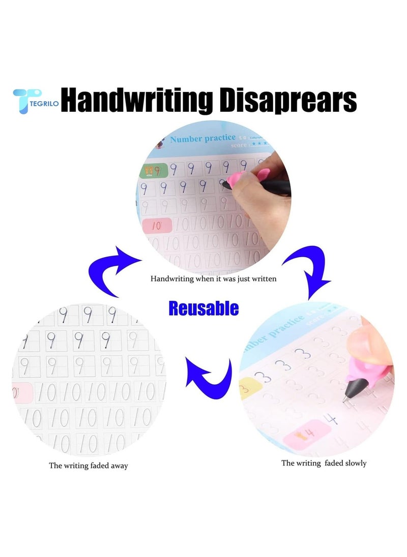 TEGRILO - Handwriting Copybook Magic Calligraphy Practice Book For Kids,Reusable Tracing Practice kit.Included Easy Grip Pen & Refill 4 books Math Numbers English Alphabet Drawing (A4) - Image 1