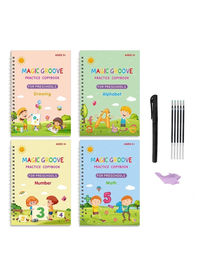 TEGRILO - Handwriting Copybook Magic Calligraphy Practice Book For Kids,Reusable Tracing Practice kit.Included Easy Grip Pen & Refill 4 books Math Numbers English Alphabet Drawing (A4) - Image 1
