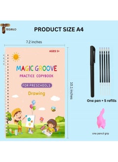 TEGRILO Handwriting Copybook Magic Calligraphy Practice Book For Kids,Reusable Tracing Practice kit.Included Easy Grip Pen & Refill 4 books Math Numbers English Alphabet Drawing (A4)  - Image 2