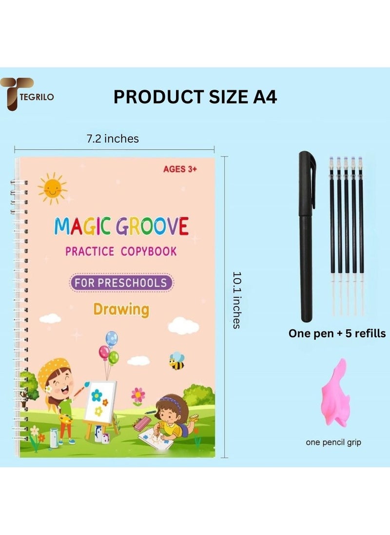 TEGRILO - Handwriting Copybook Magic Calligraphy Practice Book For Kids,Reusable Tracing Practice kit.Included Easy Grip Pen & Refill 4 books Math Numbers English Alphabet Drawing (A4) - Image 1