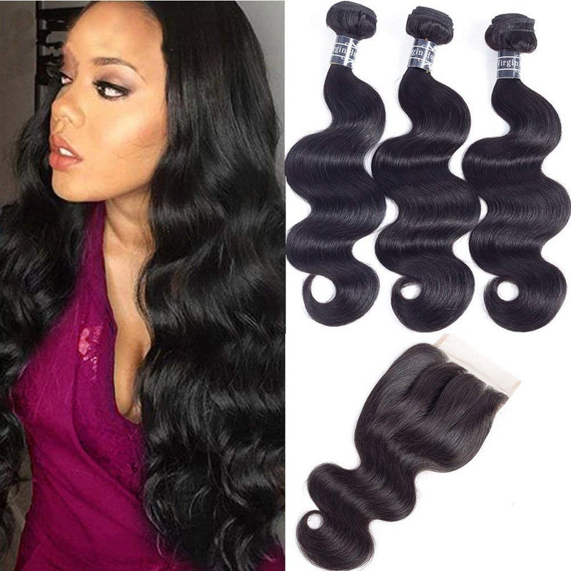 Amella Hair 8A Brazilian Body Wave Virgin Hair 3 Bundles with Three Part Closure 14 16 1812Natural Black 100 Unprocessed Brazilian Body Wave Human Hair Weft with Lace Closure Brazilian Body Wave