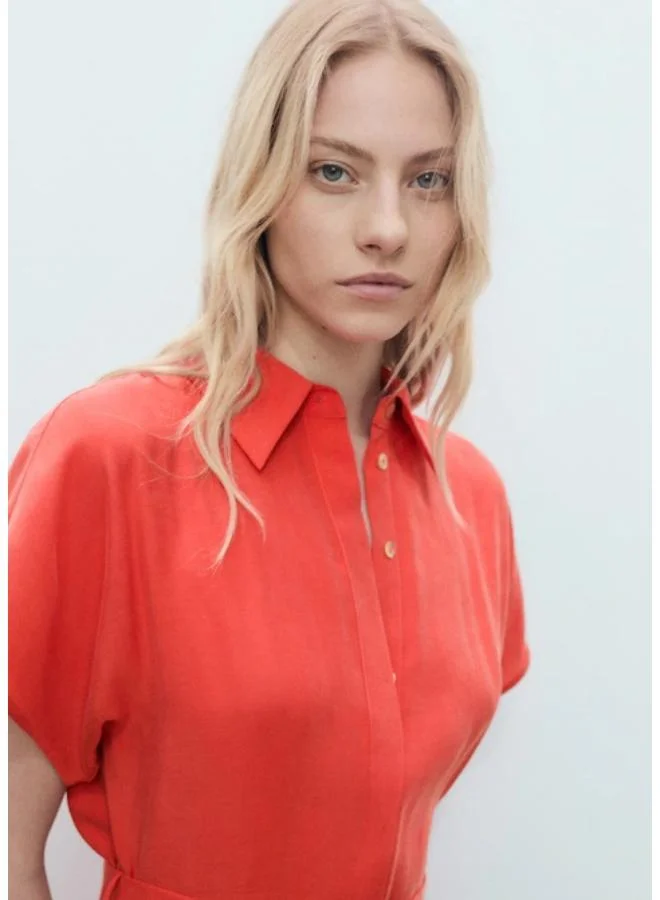 MANGO Belted Shirred Midi Dress