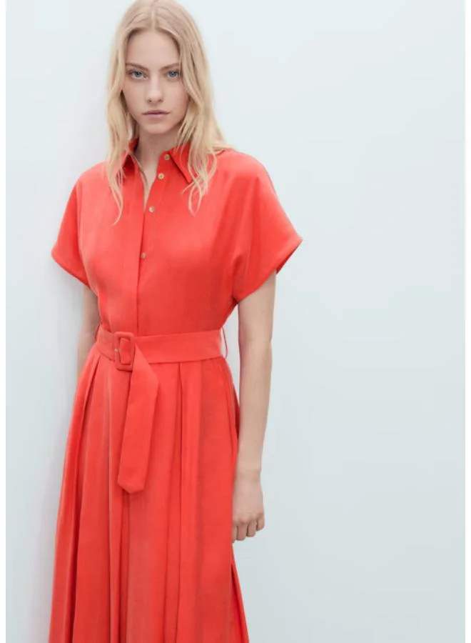 MANGO Belted Shirred Midi Dress