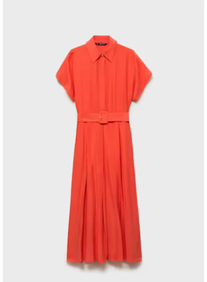 MANGO Belted Shirred Midi Dress