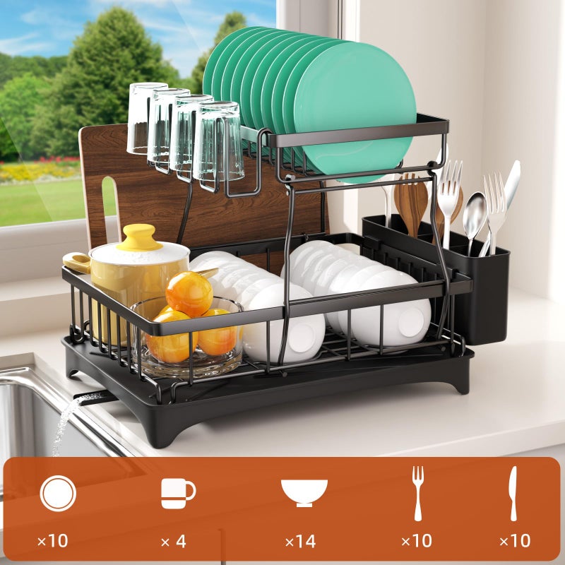 Godboat Dish Drying Rack, 2-Tier Dish Rack with Auto-Drain & Mat, Dish Racks for Kitchen Counter, Dish Drainer with Knife, Fork & Cup Rack, Gifts for Women, Mothers Day, Cool Stuff & Kitchen Gadgets - Image 2