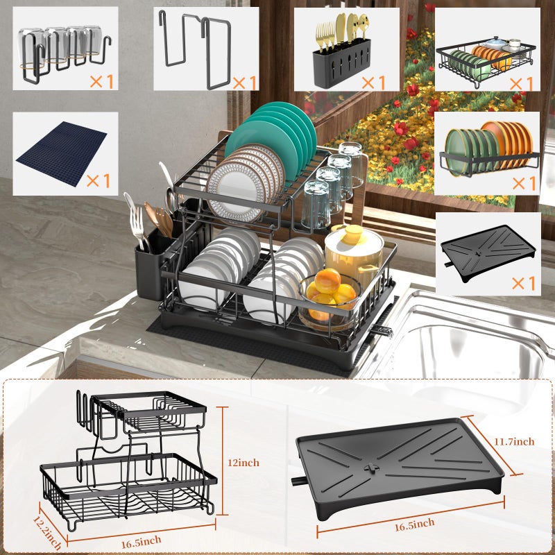 Godboat Dish Drying Rack, 2-Tier Dish Rack with Auto-Drain & Mat, Dish Racks for Kitchen Counter, Dish Drainer with Knife, Fork & Cup Rack, Gifts for Women, Mothers Day, Cool Stuff & Kitchen Gadgets - Image 4