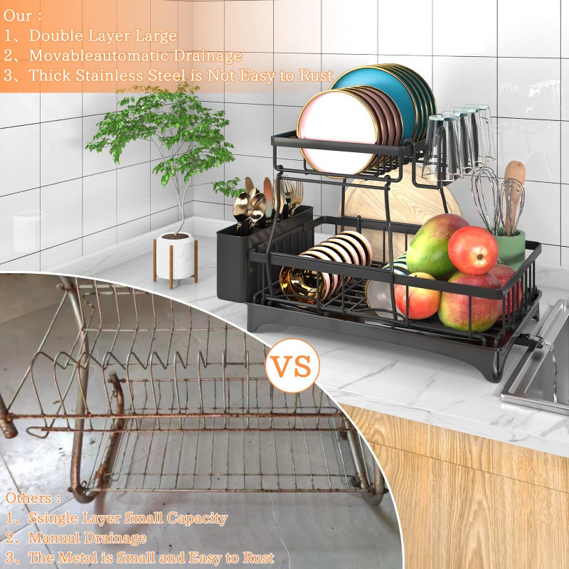 Godboat Dish Drying Rack, 2-Tier Dish Rack with Auto-Drain & Mat, Dish Racks for Kitchen Counter, Dish Drainer with Knife, Fork & Cup Rack, Gifts for Women, Mothers Day, Cool Stuff & Kitchen Gadgets - Image 5