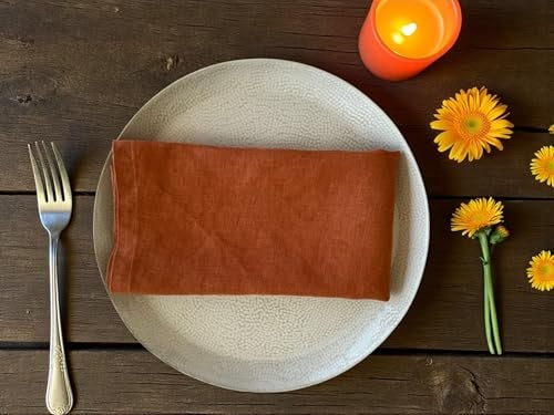 Eight Owls Linen Napkins –100% French Flax – Stonewashed Pure Linen Cloth Napkins - Size 18 Inch x 18 Inch – Set of 4 (Rustic Orange) - Image 3