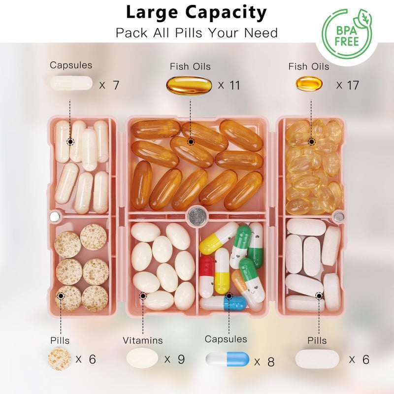FYY Daily Pill Organizer,2 Pcs 7 Compartments Portable Pill Case Travel Pill Organizer,[Folding Design] Pill Box for Purse Pocket to Hold Vitamins,Cod Liver Oil,Supplements and Medication-Pink - Image 2