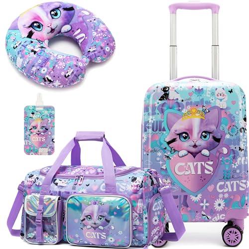 Inprof Kid's Cute Cat Luggage Set 3 Piece Suitcase Set 16" Hardside Luggage with Spinner Wheels Girls Carry on Toddler Suitcase with Travel Duffle Bag Airline Approved - Image 1
