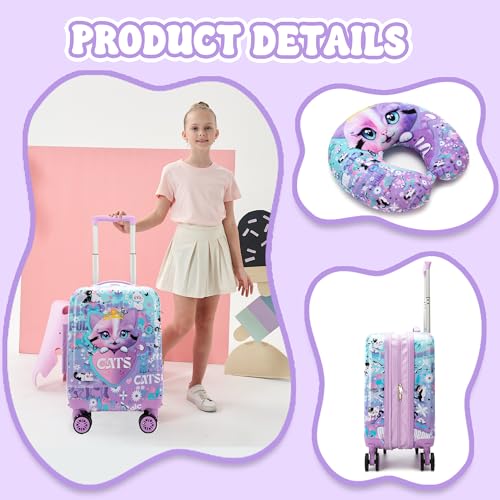 Inprof Kid's Cute Cat Luggage Set 3 Piece Suitcase Set 16" Hardside Luggage with Spinner Wheels Girls Carry on Toddler Suitcase with Travel Duffle Bag Airline Approved - Image 3