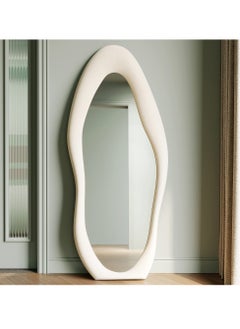 Hihonor Full Length Mirror, 63" x 24" Wall Mirror, Flannel Wrapped Wooden Frame Full Body Mirror, Irregular Wavy Mirror Hanging or Leaning Against Wall for Cloakroom/Bedroom/Living Room, White  - Image 1
