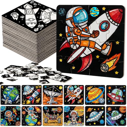 Realspring 24 Pack Fuzzy Velvet Outer Space Color Make Your Own Jigsaw Puzzles for Kids Coloring Crafts DIY Artwork Puzzles Party Favors Exchange Gifts for Toddler Children Classroom Education Toy - Image 1