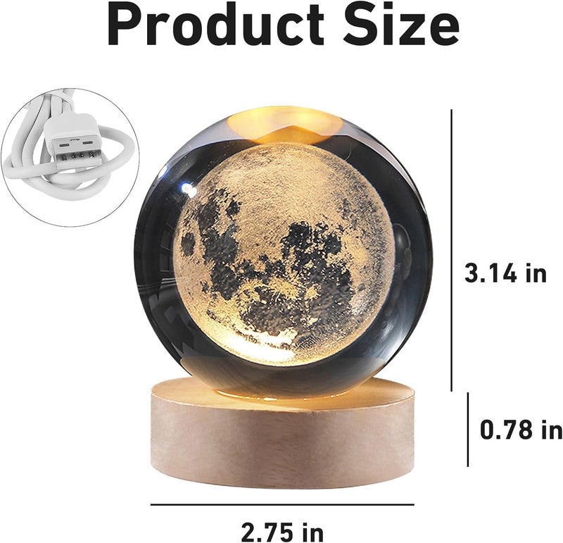 FLYNGO 3D Moon Crystal Ball Night Lamp, Creative Engraved Night Light for Kids Room, USB Table LED Lamp with Woodern Base, Light for Home Office Decoration Birthday Gift (Moon) - Image 4