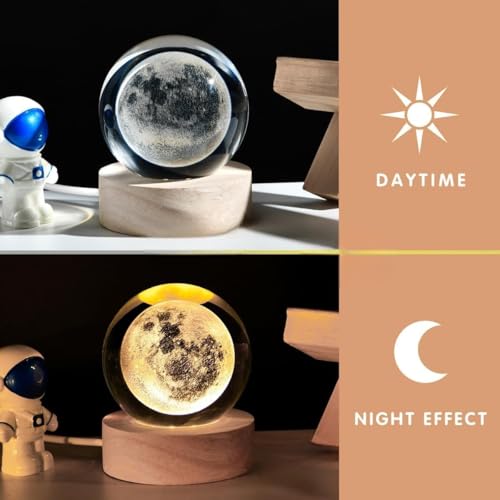 FLYNGO 3D Moon Crystal Ball Night Lamp, Creative Engraved Night Light for Kids Room, USB Table LED Lamp with Woodern Base, Light for Home Office Decoration Birthday Gift (Moon) - Image 3