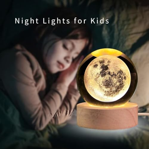 FLYNGO 3D Moon Crystal Ball Night Lamp, Creative Engraved Night Light for Kids Room, USB Table LED Lamp with Woodern Base, Light for Home Office Decoration Birthday Gift (Moon) - Image 5