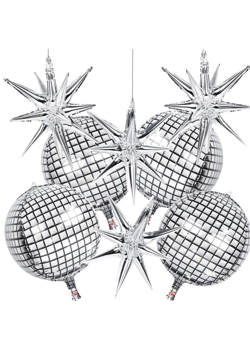 8 PCS 22Inch Silver Disco Ball Balloons, 4D Large Foil Balloons with Metallic Star for 70s Disco Dance Birthday Party Graduation New Year Decoration - Image 1