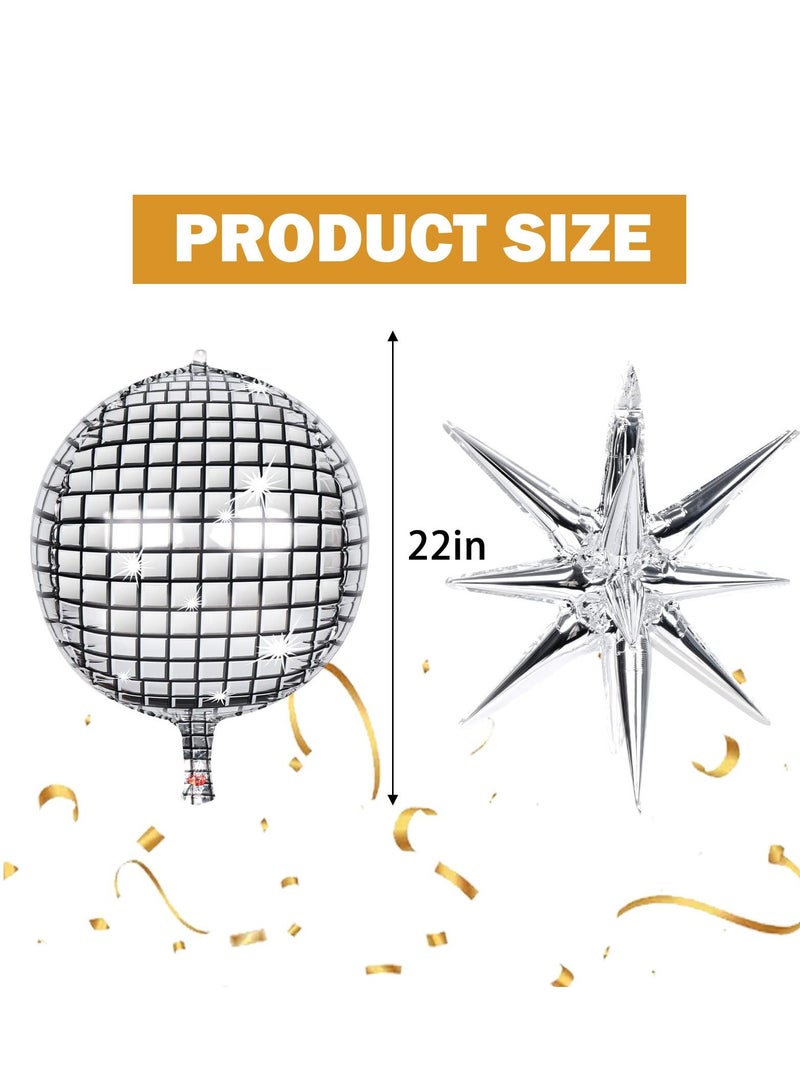 8 PCS 22Inch Silver Disco Ball Balloons, 4D Large Foil Balloons with Metallic Star for 70s Disco Dance Birthday Party Graduation New Year Decoration - Image 2