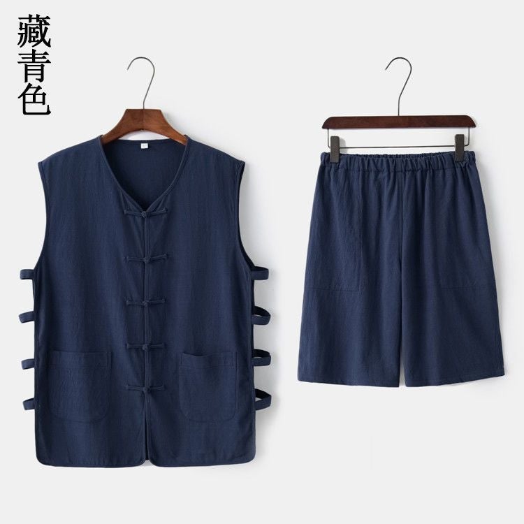 Chinese Style Cotton Linen Vest and Shorts Set for Men navy blue suit