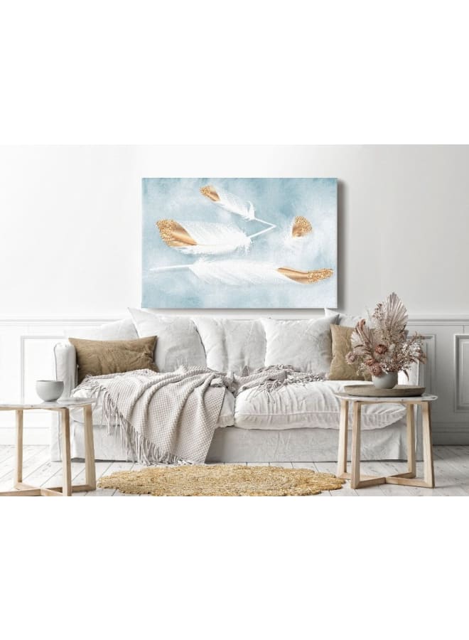 هوم جاليري لوحة فنية جدارية من القماش، صورة تجريدية مؤطرة لريش أبيض وذهبي، 120×80 سم - Image 1