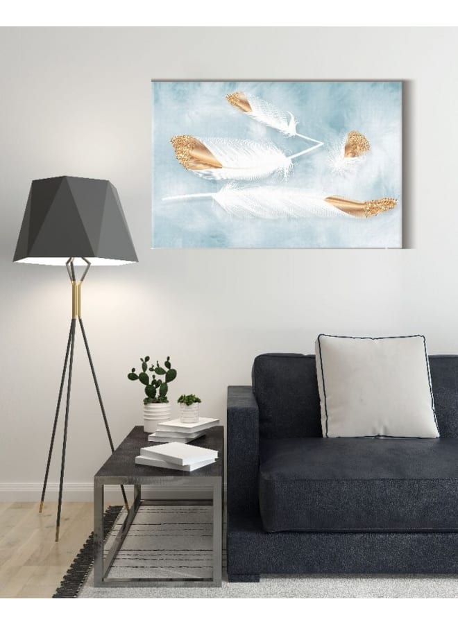 هوم جاليري لوحة فنية جدارية من القماش، صورة تجريدية مؤطرة لريش أبيض وذهبي، 120×80 سم - Image 2