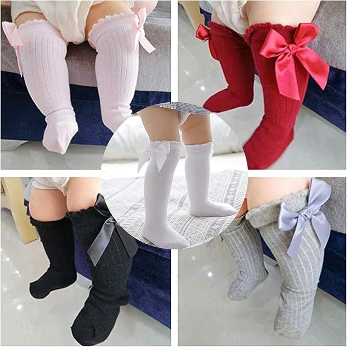 THE DDS STORE Baby Girls Knee High Socks Bow Tube Ruffled Knit Cotton Long Stockings for Infants (IN, Age, 12 Months, 24 Months, 4, Multi-Colors) - Image 4