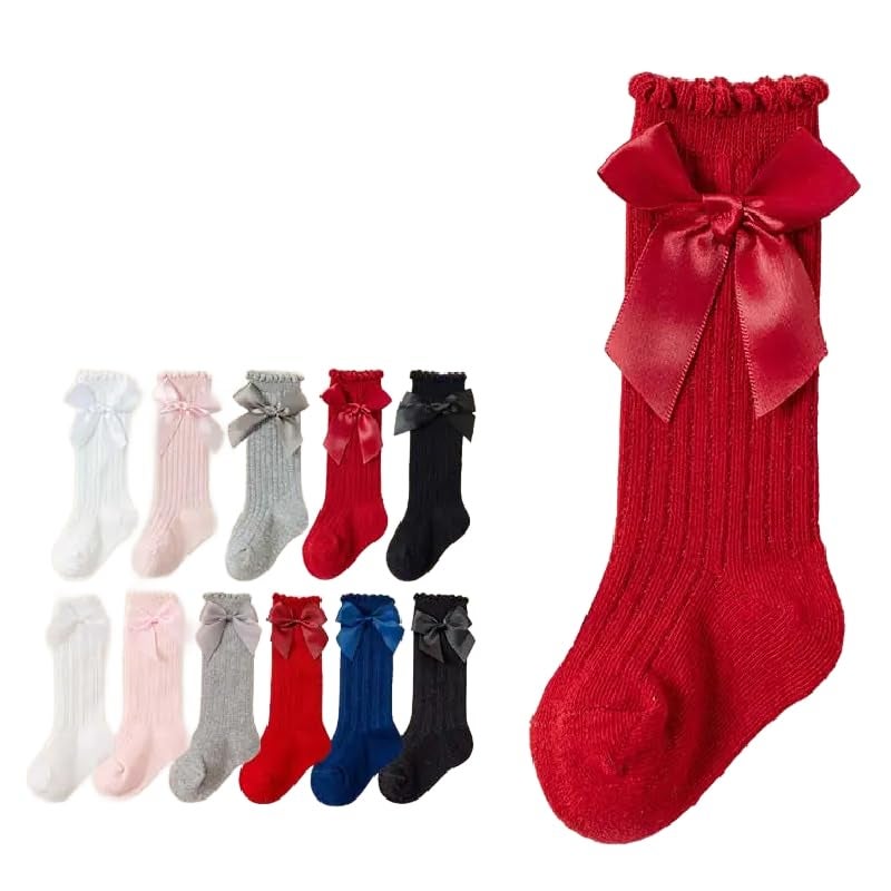 THE DDS STORE Baby Girls Knee High Socks Bow Tube Ruffled Knit Cotton Long Stockings for Infants (IN, Age, 12 Months, 24 Months, 4, Multi-Colors) - Image 1