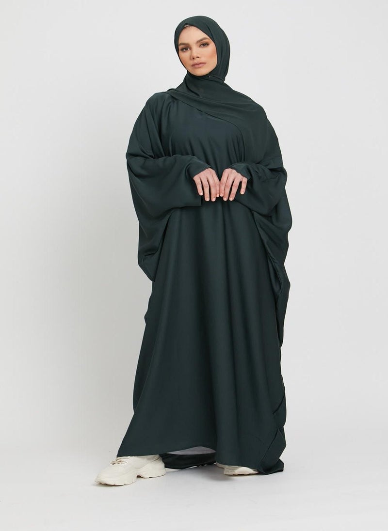 NUKHBAA Elegant Green plain abaya wityh belt and Hijab-AB87  - Image 1