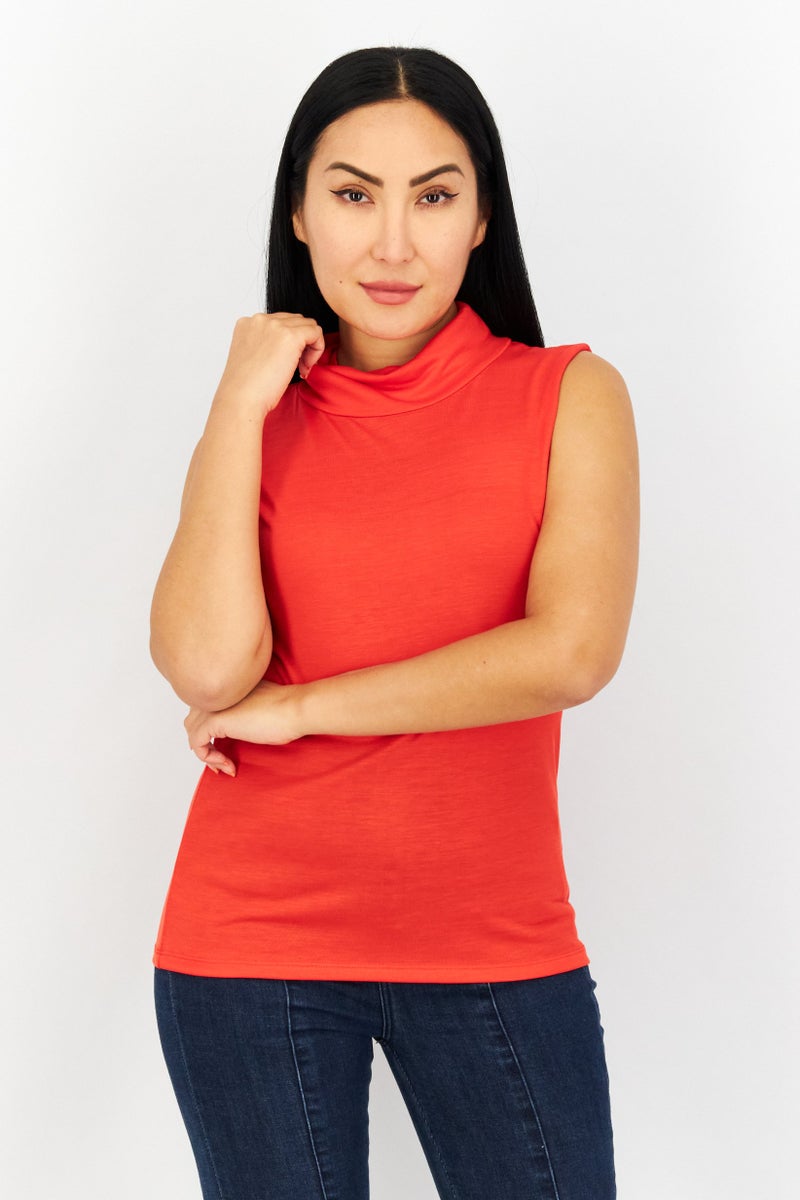 NA-KD Women Mock Neck Sleeveless Plain Tank Top, Red - Image 1