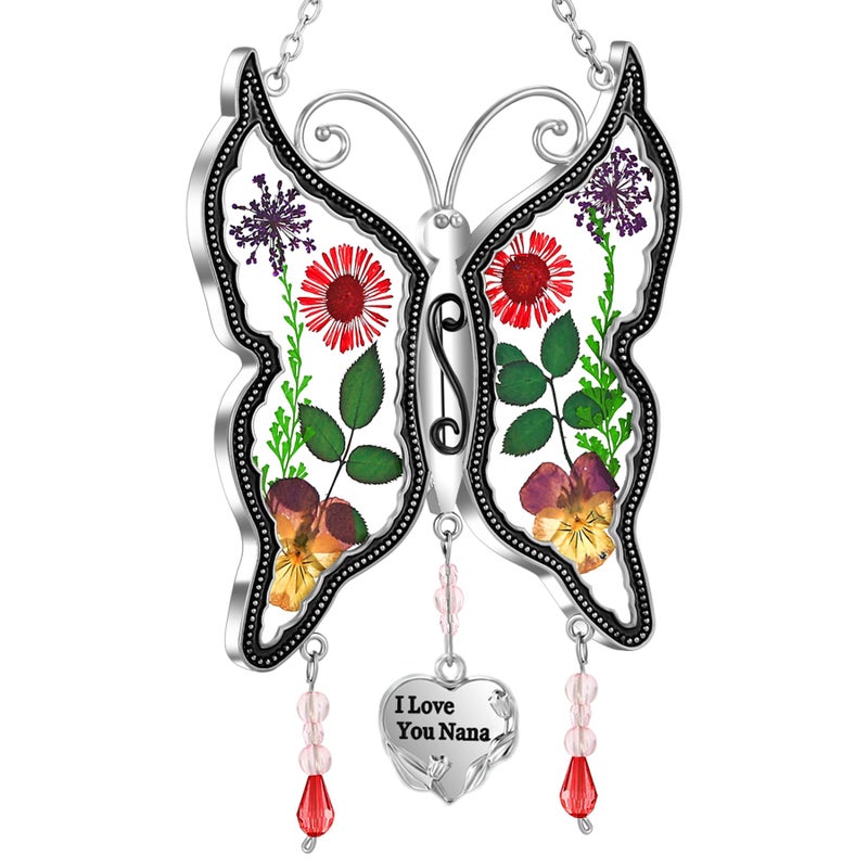 KY&BOSAM KYBOSAM Gifts for Nana Suncatcher Butterfly I Love You Nana Gift Stained Glass for Window Hanging Wind Chime with Real Flower Wings and Heart Charm Birthday Gift for Nana Mothers Day Christmas 