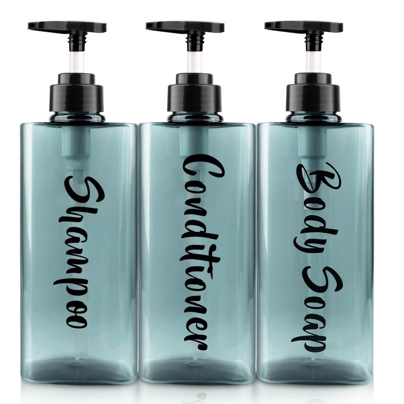 AUMIO 16.9oz Shampoo Dispenser for Shower (3 Pack) - Refillable Shampoo and Conditioner Bottles with Pump, Empty Clear Blue Plastic Body Wash Container Set, Printed Shower Soap Dispensers for Bathroom - Image 1