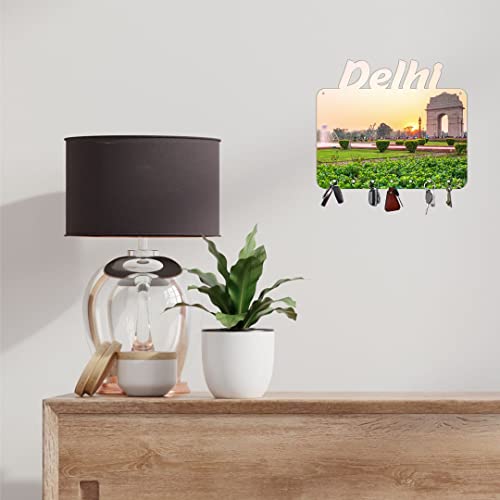CVANU Key Holder MDF Cutting Delhi India Gate Printed on Key Holder with 7 Strong Knobs Hook for Keys Size(12inch X 10inch)_cv2 - Image 1