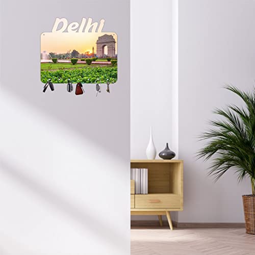 CVANU Key Holder MDF Cutting Delhi India Gate Printed on Key Holder with 7 Strong Knobs Hook for Keys Size(12inch X 10inch)_cv2 - Image 3