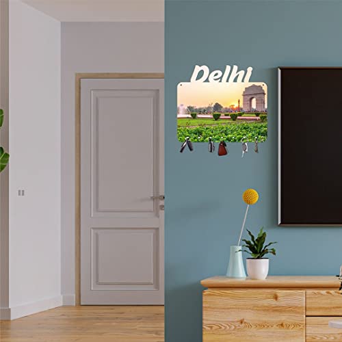 CVANU Key Holder MDF Cutting Delhi India Gate Printed on Key Holder with 7 Strong Knobs Hook for Keys Size(12inch X 10inch)_cv2 - Image 4