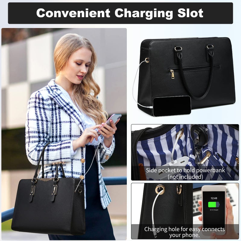 Keyli Laptop Bag for Women Large Waterproof PU Leather Tote Bag Business Office Work Briefcase Fit 15.6 inch Lightweight Trendy Computer Bags Messenger Shoulder Bag Laptop Purse 4pcs Sets Black - Image 3