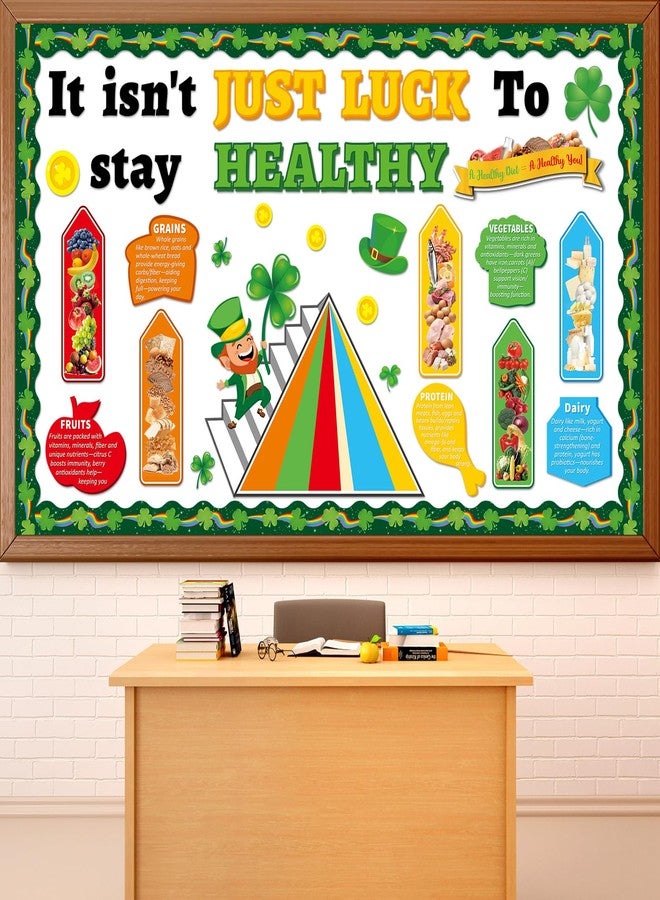 OBUSATT 56pcs St. Patrick's Day Bulletin Board Decorations Nutrition and Health Theme Bulletin Board Green Lucky Shamrock Healthy Notes Cutouts for Irish Holiday Home Classroom School Chalkboard Wall Decor - Image 1