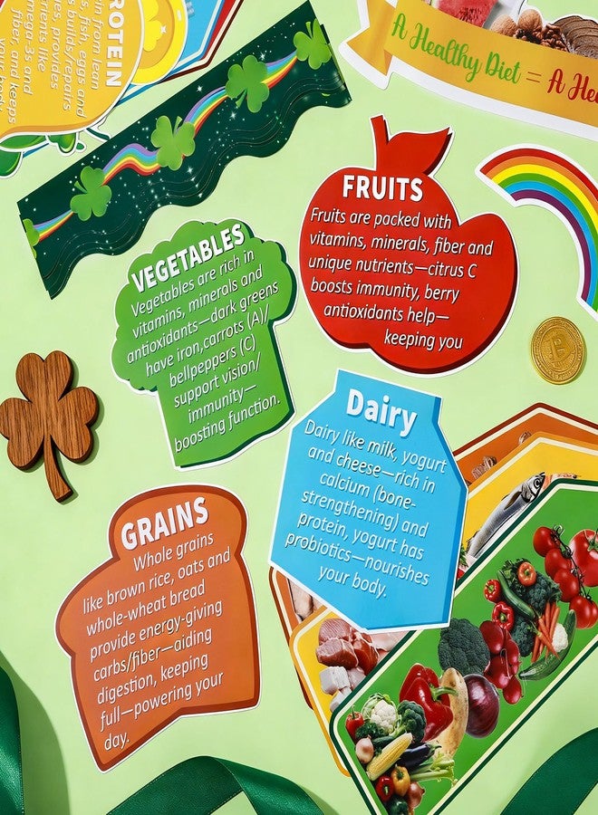 OBUSATT 56pcs St. Patrick's Day Bulletin Board Decorations Nutrition and Health Theme Bulletin Board Green Lucky Shamrock Healthy Notes Cutouts for Irish Holiday Home Classroom School Chalkboard Wall Decor - Image 4