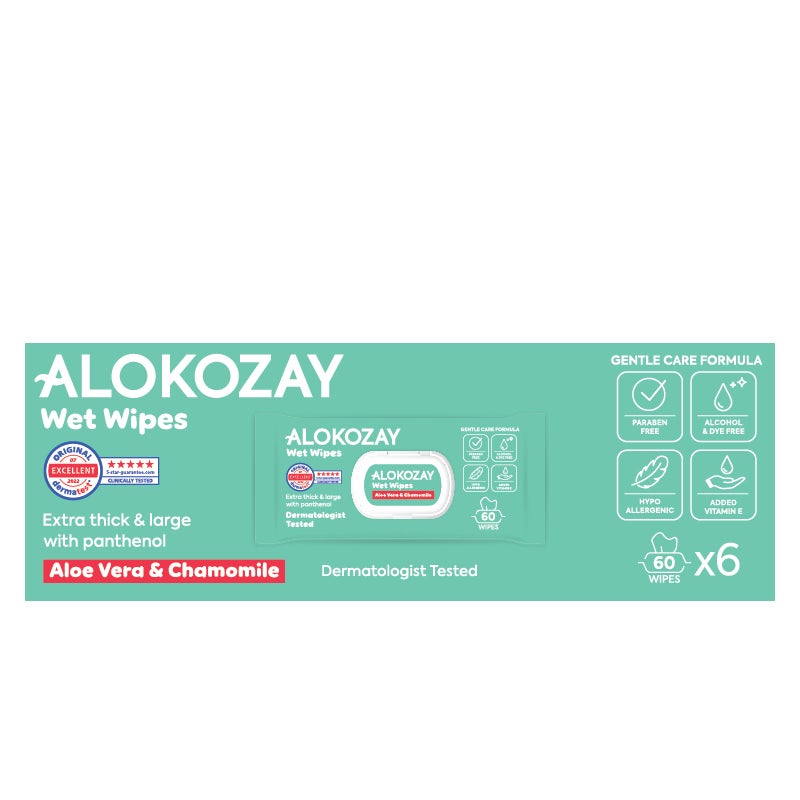 Alokozay Baby Wet Wipes Aloe-Vera And  Camomile 6 x 60 Wipes - Image 1